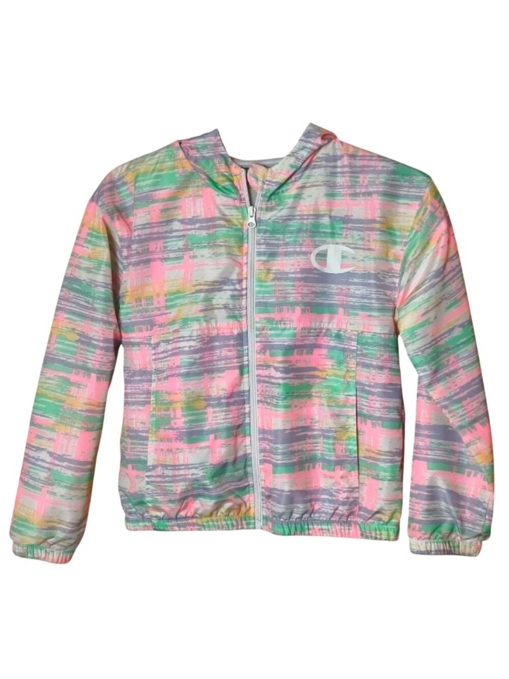 Champion Girls M Hooded Windbreaker Jacket Multicolor Zip-Up Elastic Hem Cuffs
